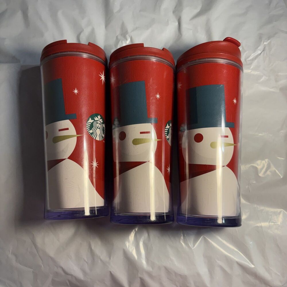 Starbucks Winking Snowman hot beverage travel mugs Set of 3 with lids